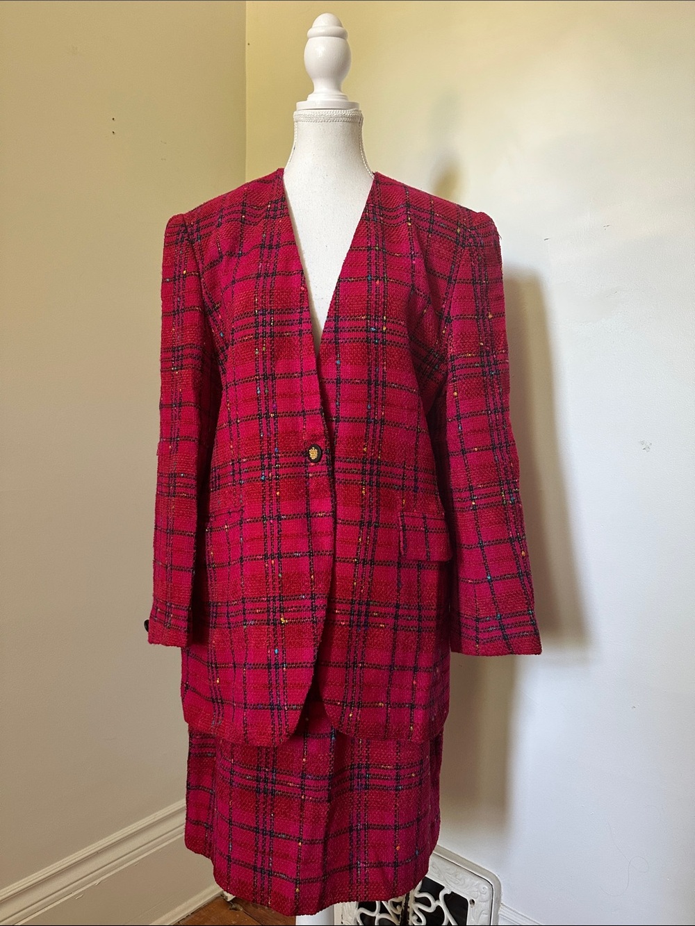 JONES NEW YORK Vintage Pink Wool Tweed Office Preppy Skirt Blazer Set Sz 10/12